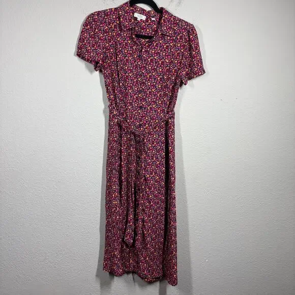 Fat Face Size 2 Midi Shirt Dress Red Pink Floral Belted Short Sleeves Colorful - Picture 2 of 10